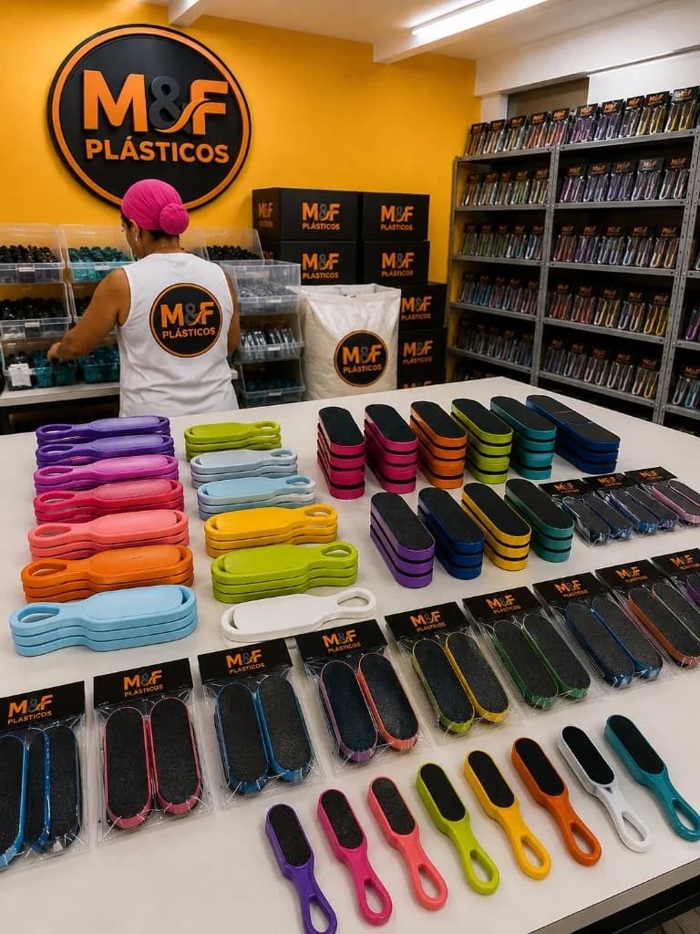 Interior da fábrica da M&F Plásticos com produtos e estoque
